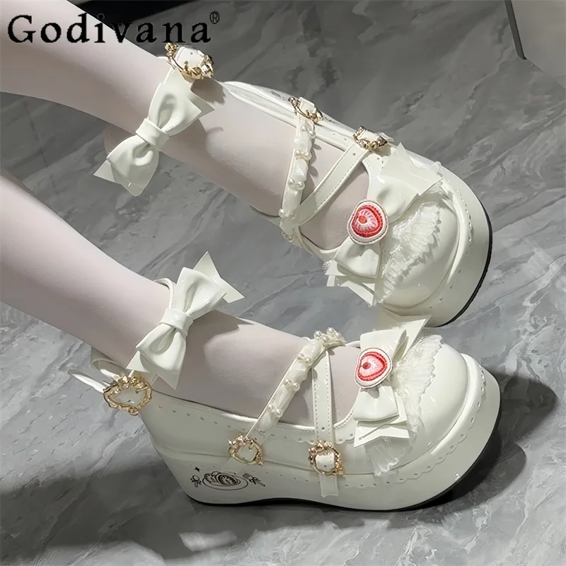 

Sweet Girls Japanese Lolita Style Shoes Original Lolita Round Toe Bow Shoes Women's Thick Sole Cute Mary Jane Solid Shoes