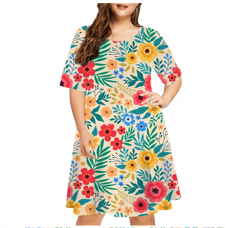 Vestido corto informal con estampado Floral para verano, minivestido holgado de manga corta con cuello redondo para mujer, talla grande 6XL