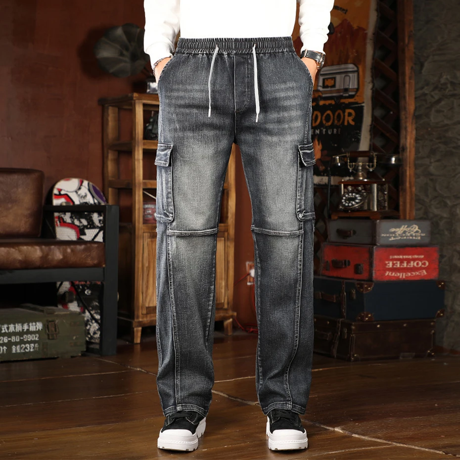 Vintage Moto Biker Jeans Men 44 Plus Size Multi-pocket Cargo Denim Pants Fashion Casual Baggy Jeans Stretch Waist Pants Big Size