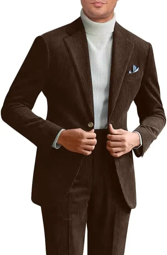

Men Corduroy Suit 2pcs Dark Brown Blazer Pants Slim Fit Vintage Set for Wedding Business Dating Wear, Custom Tuxedo of Male