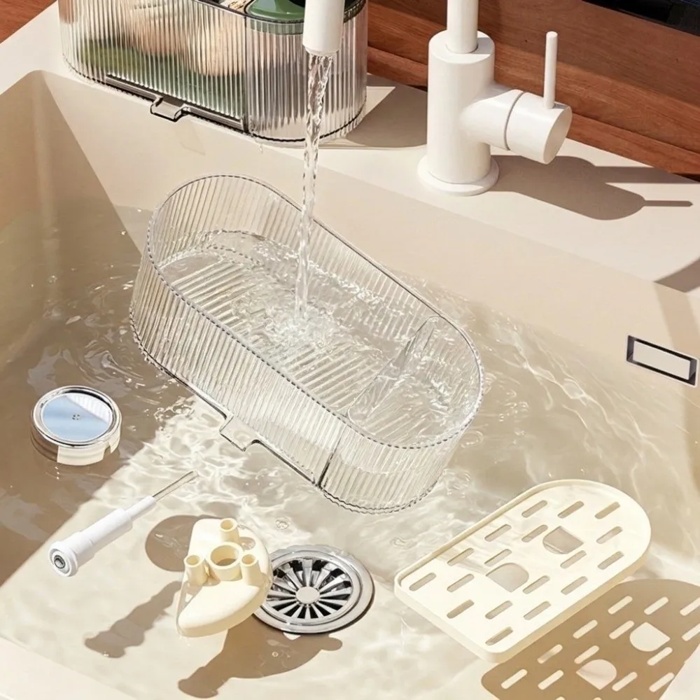 Plastic Sponge Holder with Soap Dispenser Large Capacity Transparent Sink Drainage Rack Detachable Kitchen Sink Organizer 2
