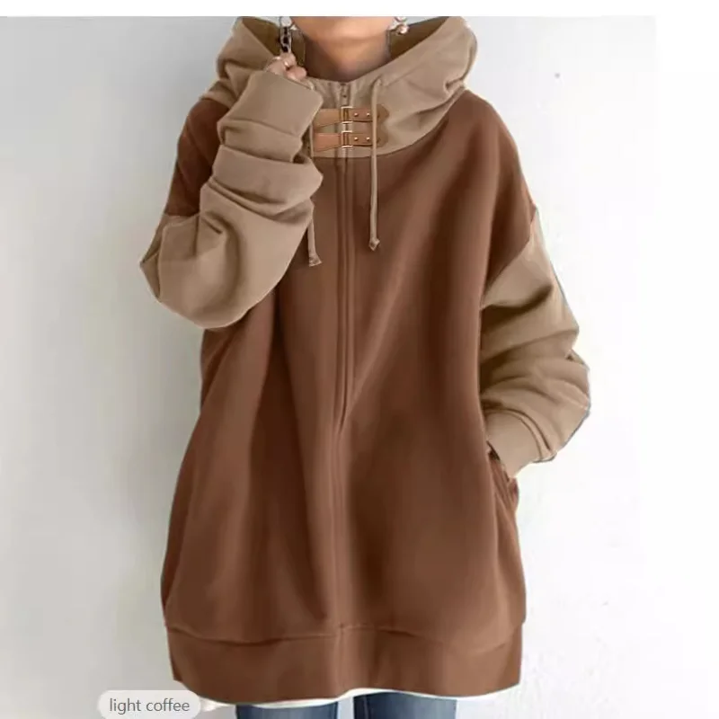 

Women's Brown Beige Color Block Hoodie Full Zip Buckle Detail Oversized Long Sleeve Casual Loose Pullover Jacket