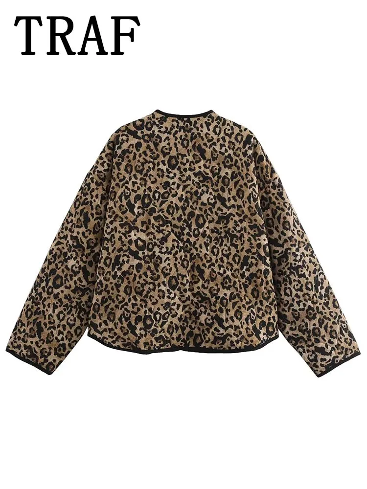 TRAF Women Vintage Leopard Print Cropped Parka Coat 2024 Autumn Winter Jackets For Women Long Sleeve Streetwear New Outerwear