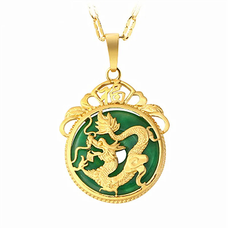 Green Natural Jade Dragon Pendant Necklace Carved Gemstone 18K Gold Plated Fashion Accessories Real Jewelry Amulet