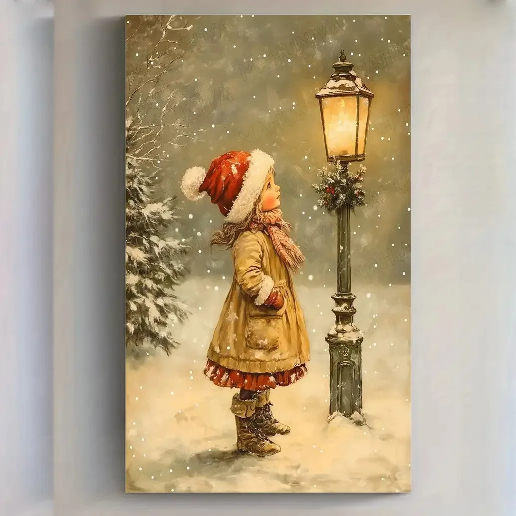 Diamond Painting Kit for Adults - Winter Snow Lantern And Red Hat Girl - Vintage Christmas Diamond Art, 5D Full Round Drill