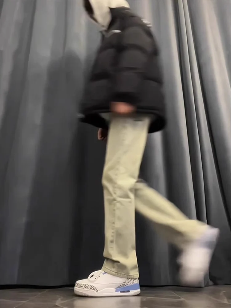 

Yellow Mud Color Spicy Men's Jeans Winter Thiened Fce Straight Leg Jeans American High Street Sle Youth Faion