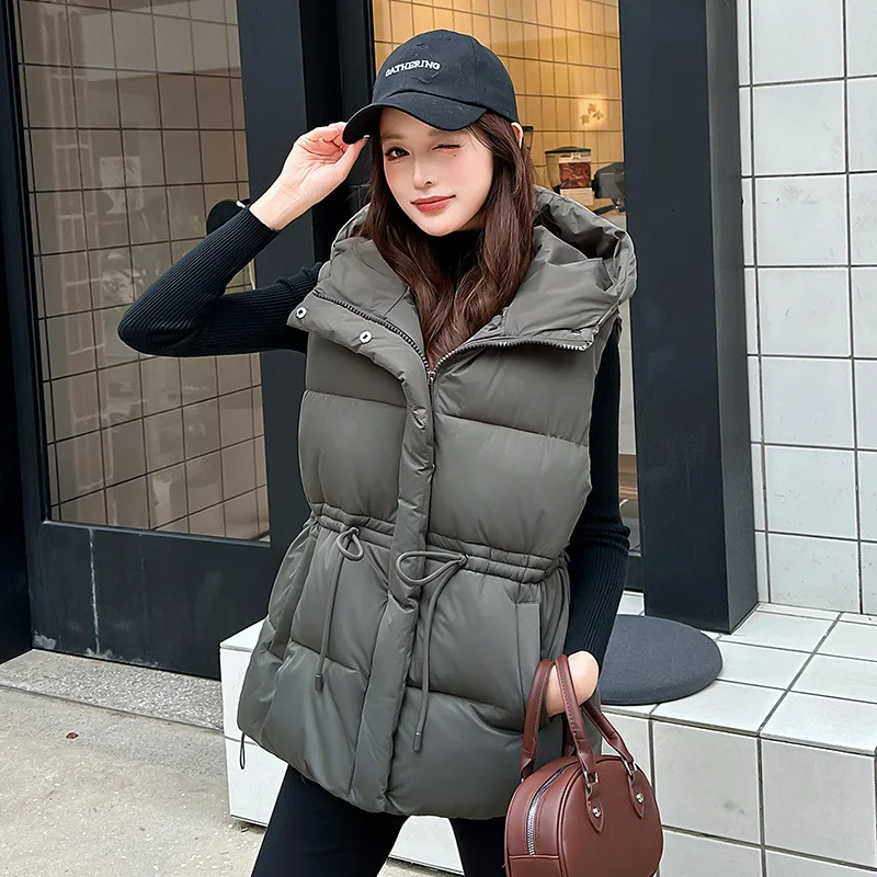 Winter Jacket Women Hooded Vest Loose Mid Long Sleeveless Jacket Female Casual Vest Coat Lady Waistcoat Outerwear Chaleco Mujer