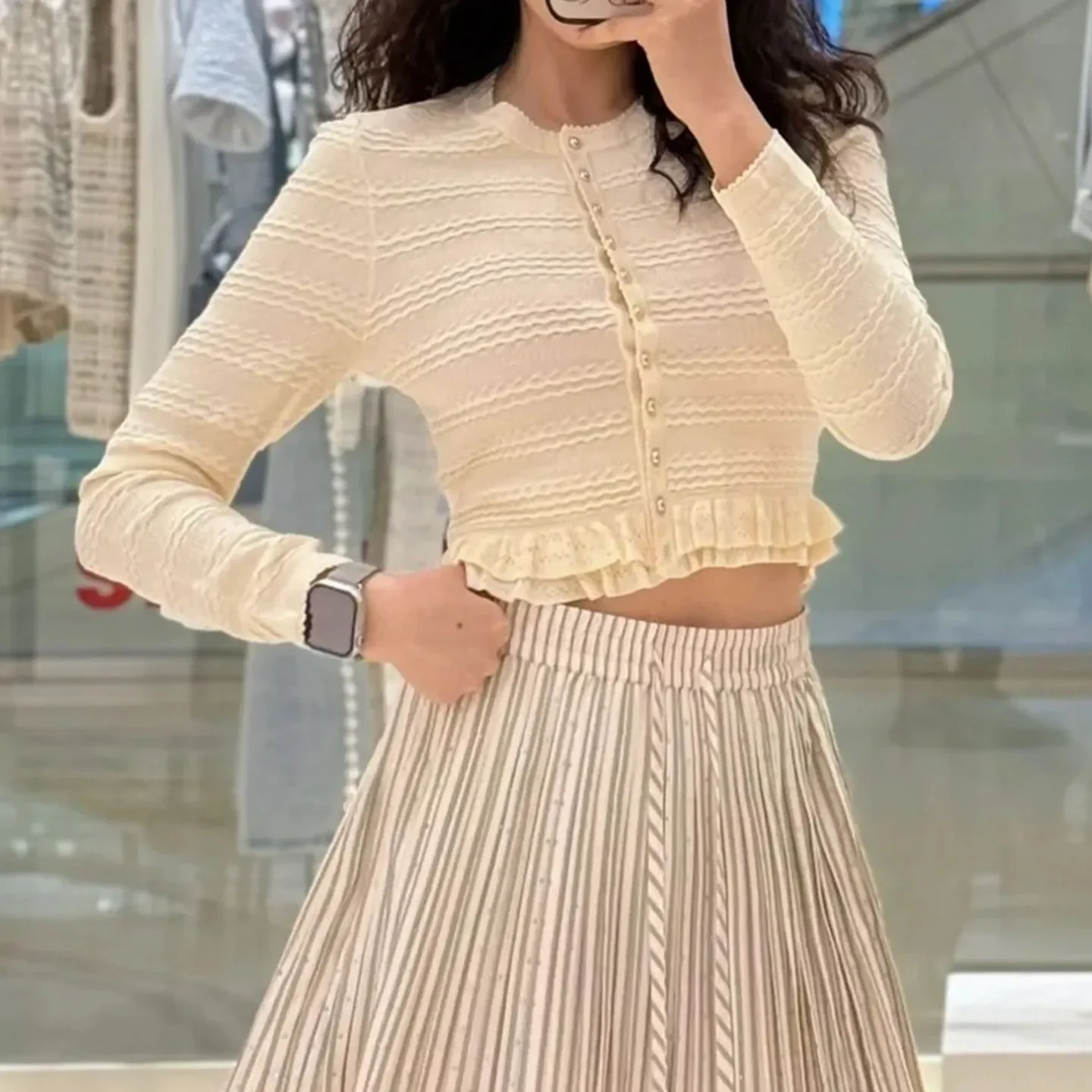 

Lace Slim Fit Set Knitted Cardigan and Ruffled Sleeveless Knitted Dress Elegant Spring and Summer New Style Skirt Two Piece Set