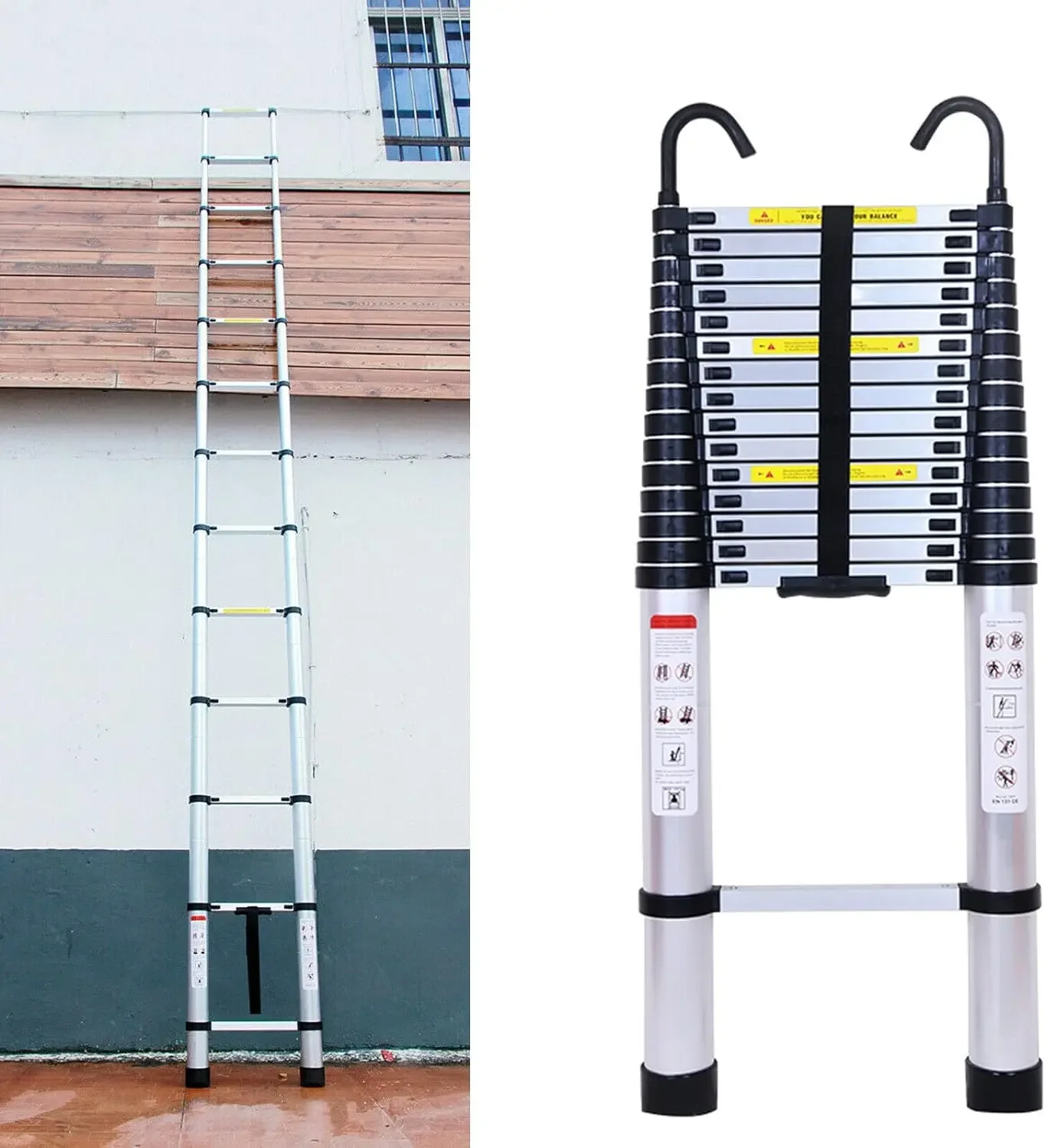 DayPlus Telescopic Ladder 6.2M/20.3FT W/Detachable Hooks&Extendable Steps,Folding Tall Loft CollapsibleLadder with Non-Slip Feet