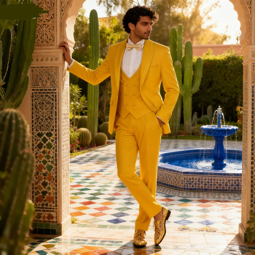 

Suave Khaki Unique Breasted Peak Lapel Men's Ternos 3-Piece Suit (Jacket + Pants + Vest) Wedding Party Ensemble