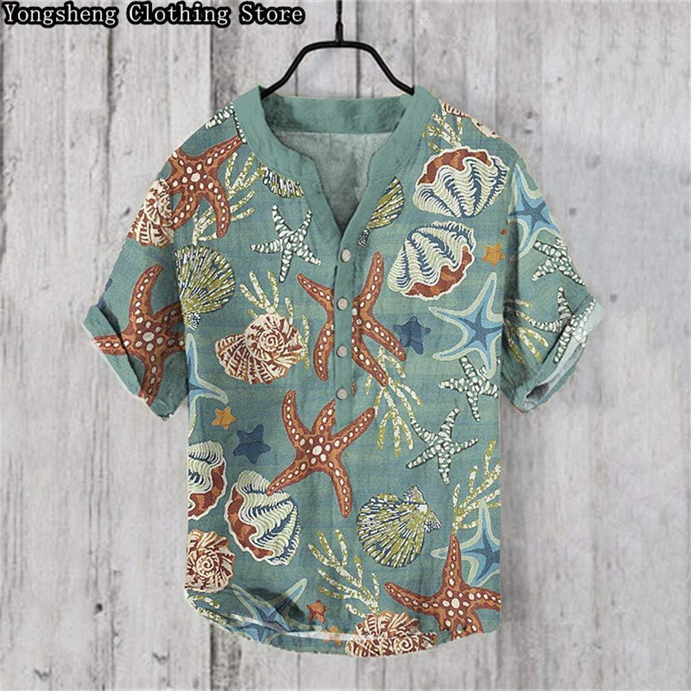 Summer Men's Short-Sleeved POLO Shirt Linen Printed Shirt Fashionable Personality Element Printed Large Size Shirt S-5XL