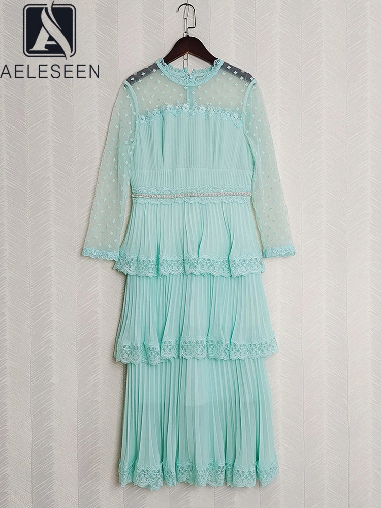 

AELESEEN Designer Fashion Women Dress Spring Summer Beading Pearls Embroidery Elegant Cascading Ruffles Long Party Vacation