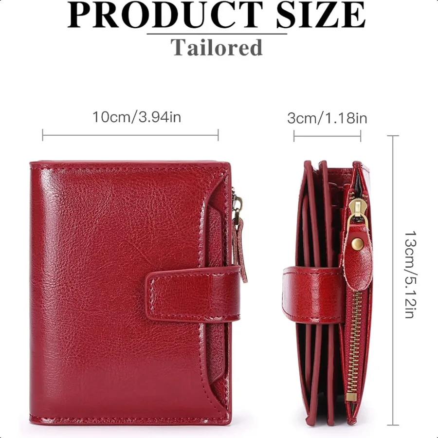 Small Women Wallet Genuine Leather RFID Blocking Bifold Zipper Pocket Card Holder with ID Window