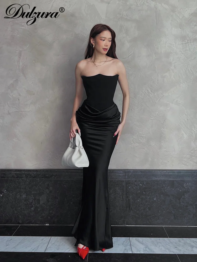 Dulzura Satin Maxi Dress Ruched Strapless Off Shoulder Tube 2024 Summer Women Sexy Evening Party Elegant Body-Shaping Clubwear