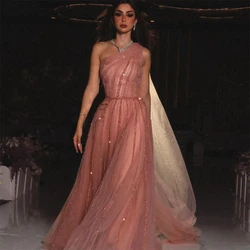 Streifen Perlen Stickerei Schal Rosa glänzend One Shoulder Luxuriöses Abschlusskleid Es Luxus Abendkleider maßgeschneiderte Ballkleider