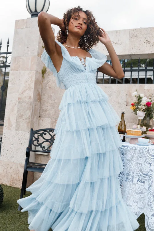 2024 New Women\'s Blue Tulle Ruffled U-neck Party Sexy Dress Long Dress Princess Style Birthday Dress Backless Tiered Gown