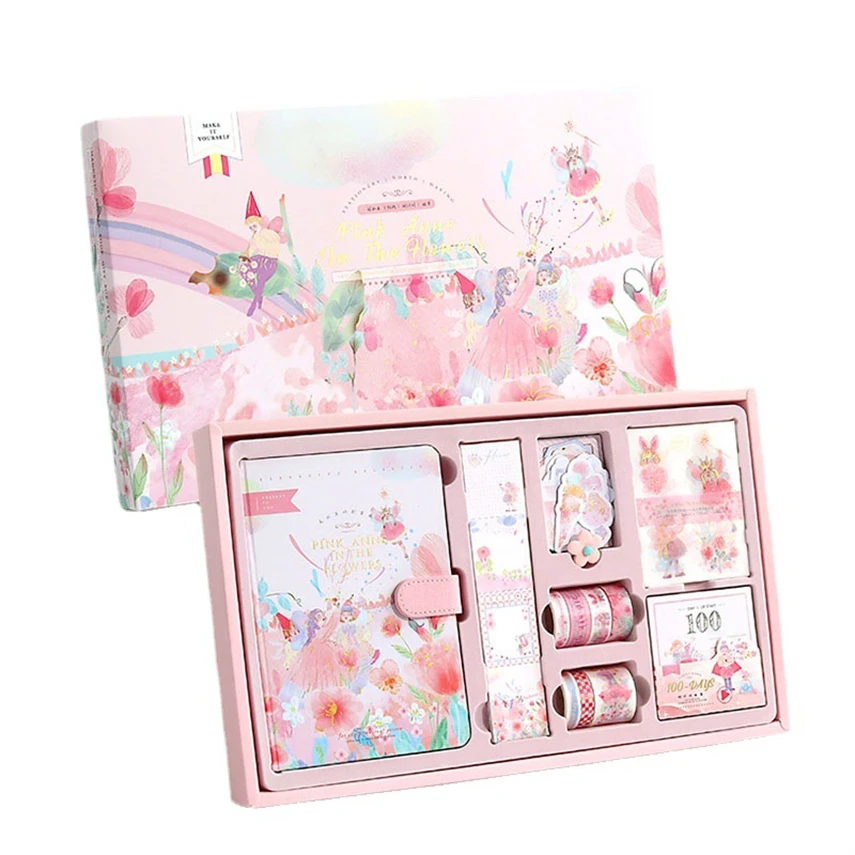 147 Pcs Notebook Girl Kawaii Material Gift Box Set Stickers Washi Tape Ruler Gold Foil Card Planner Note Paper Cute Flower Clamp