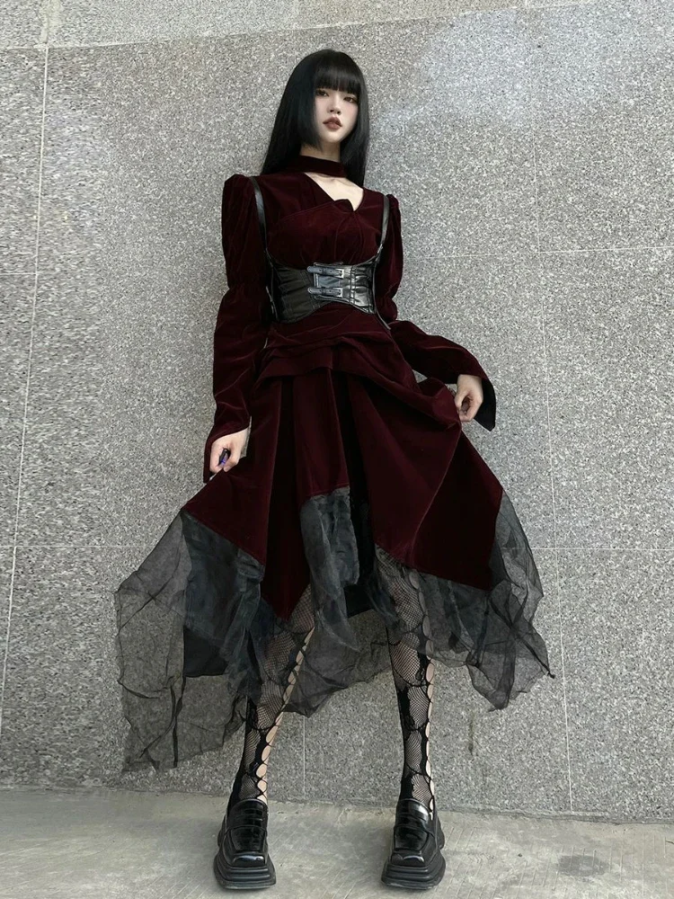 Dark Style French Retro Dress Gothic Style Y2K Retro Punk High Waist Dresses Grunge Harajuku Outfit Halloween Costume for Women