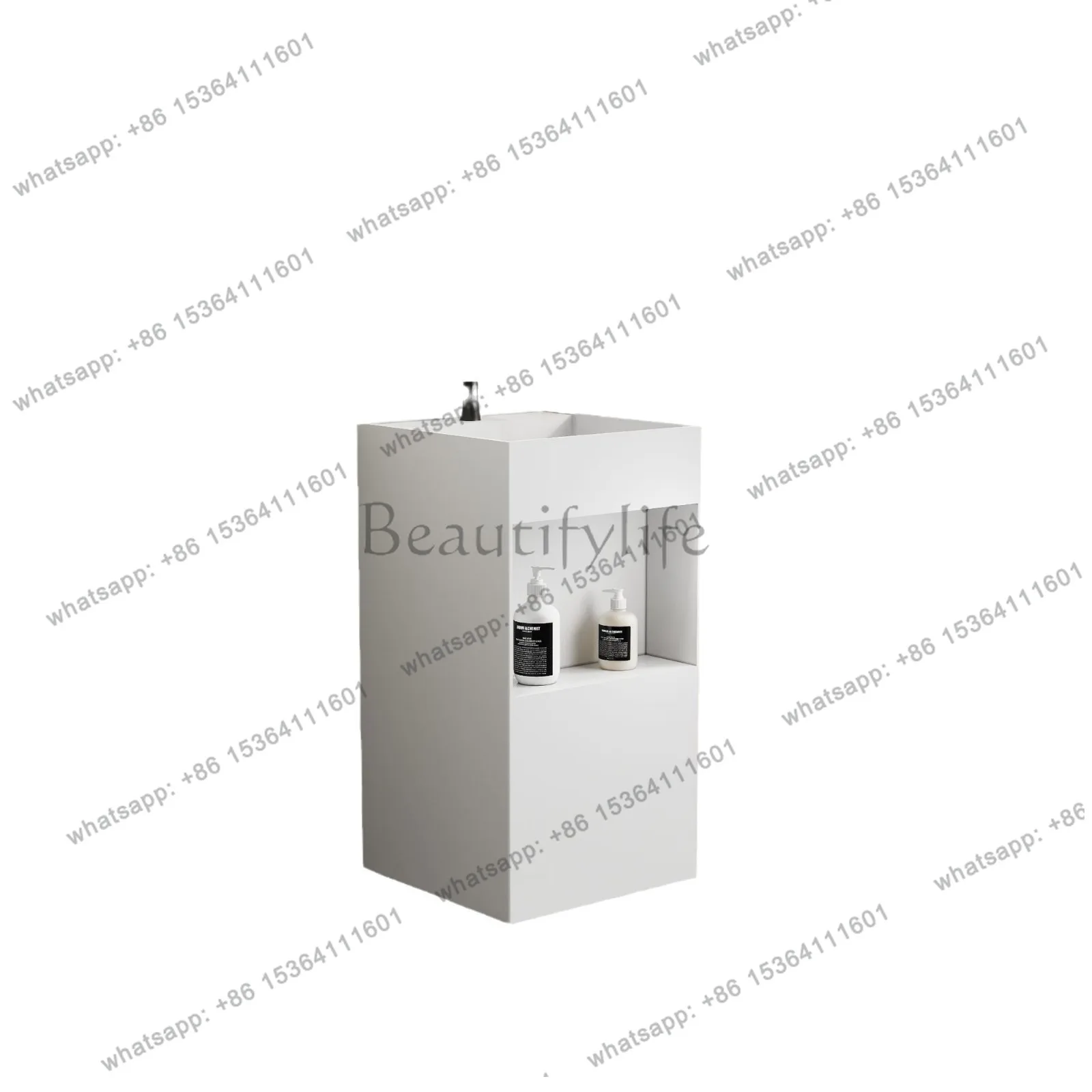 Integrated floor-to-ceiling artificial stone column basin with faucet hole storage basin
