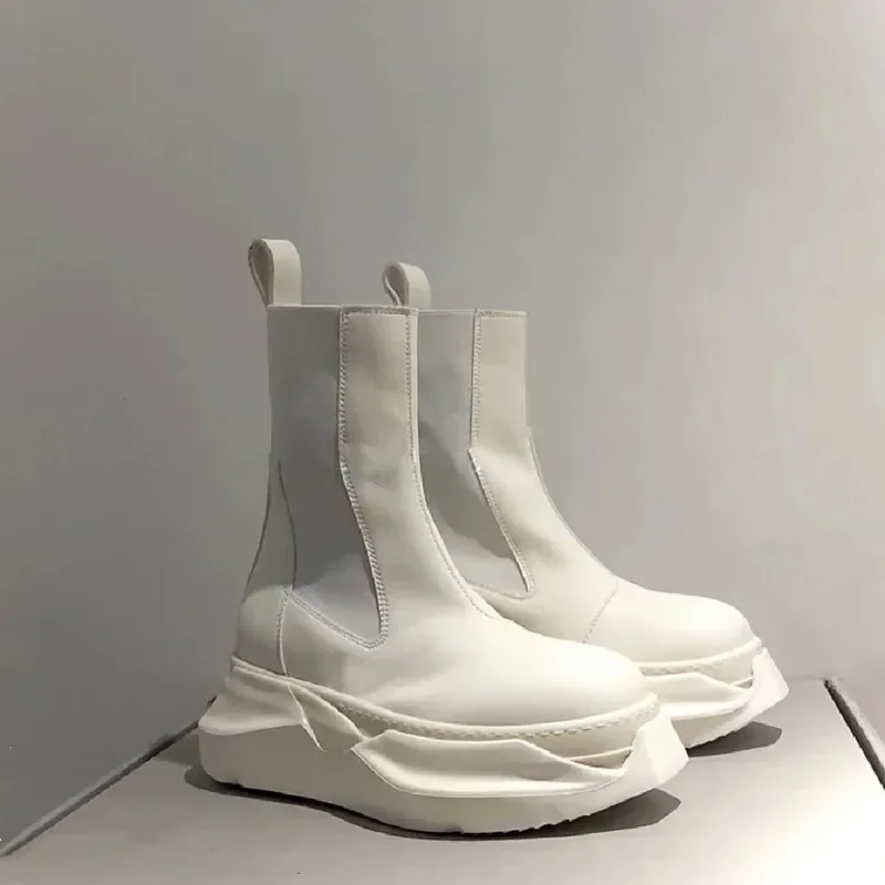 

Black/white Thick-Sole Chelsea Boots Women Height-Enhancing Elastic Short Boots Platform Wedges Slip On Fashion Motorcycle Boots