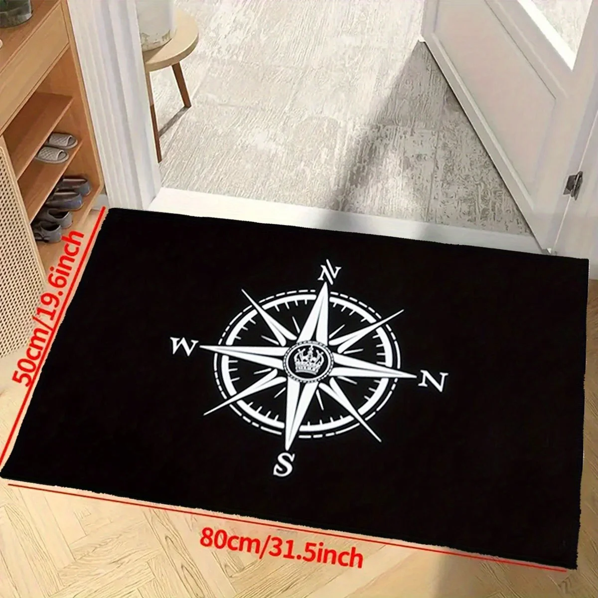 Black Compass Rose Rug Mat Doormat for Home Entryway Hallway Nautical Decor Directional Adventure Carpet Indoor Outdoor Accent