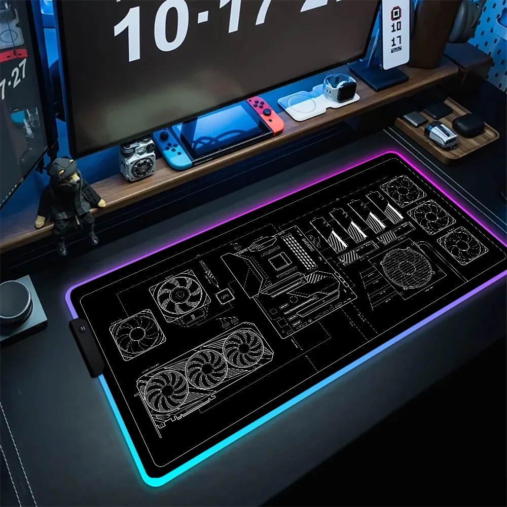 CPU Artistic line design Mouse Pad RGB Backlight Desk Mat Setup Gaming Accessory Led Mousepad Big wireless Mousemats Gamer Anime