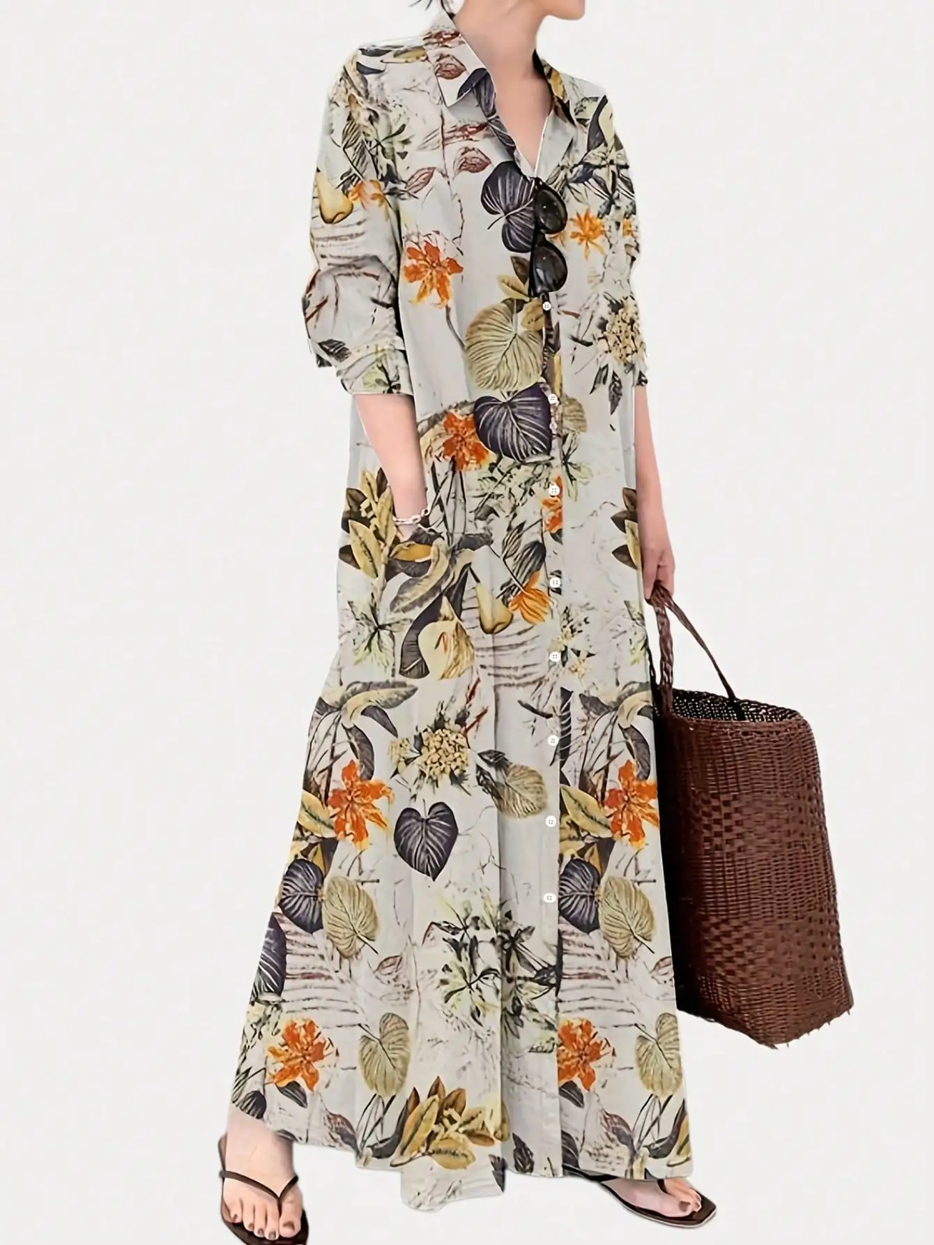 

Fashion women's Casual Lapel Printed Long Cotton Linen Shirt Dress