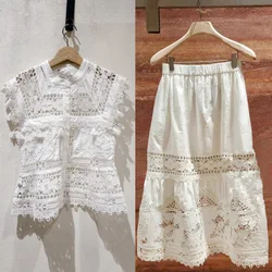 Set for Women 2024 New Spring 100% Cotton Embroidery Hollow Out O-neck Sweet Sleeveless Top or High Waist Loose Skirt