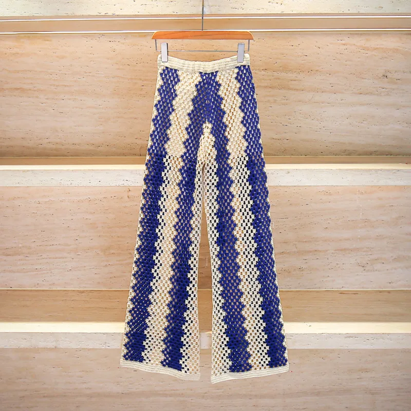 CHUJIE 2025, Sommer-Cardigan-Hosen-Set im französischen Stil, Blau, Weiß, Boho, Strand, Hochzeit, hohle Spitze, Sommergast – Viskose-Nylon