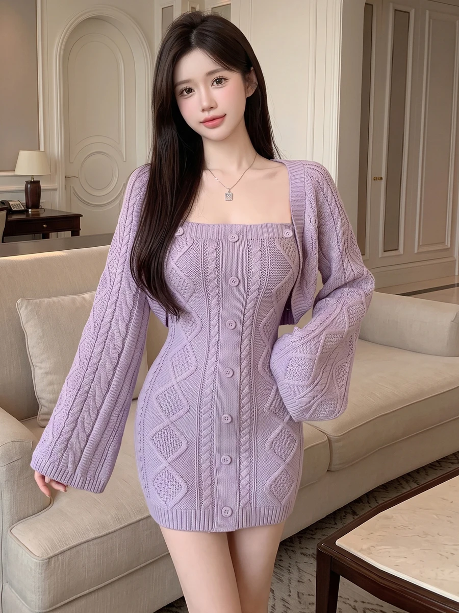 Sensual Style Knitted Tube Top Bodycon Dress Cover up Set Short Sleeve Long Sleeve Pure Color Shoulder Insert Knitwear