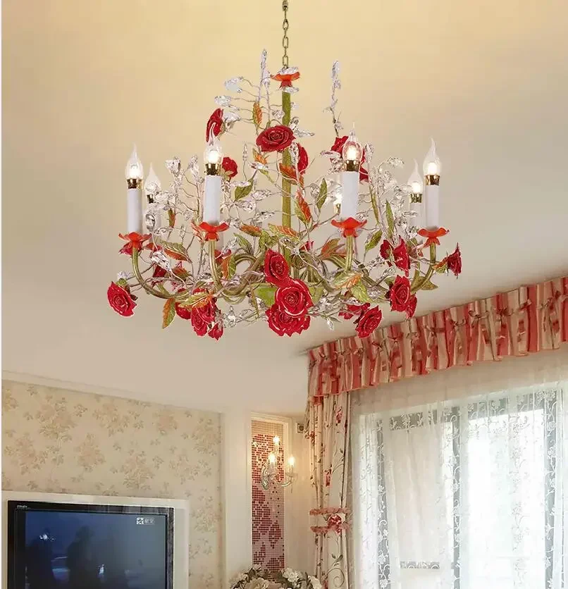 Floral Candle Chandelier Colorful Dining Living Room Ceramic Rose Flower Pendant Lamp Girls Bedroom Crystal Home Decora Lighting