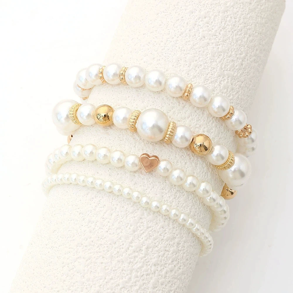 4-teiliges koreanisches Armband-Set mit Perlen für Damen, Herzanhänger, künstliche Perlen, Armreif, Schmuck für Hochzeiten und Partys, Geschenk. – Detail 4