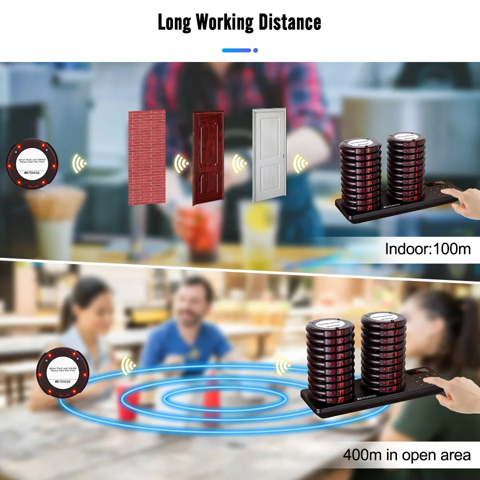 Retekess TD163 Restaurant pager calling system 20 coaster buzzers vibrator bell receivers beeper for food truck cafe bar hotel