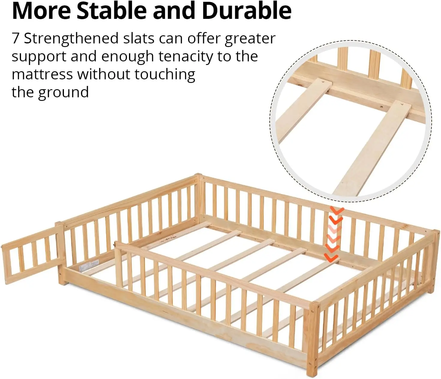 سرير بأرضية كاملة للأطفال ، خشب قوي ، إطار سرير مونتيسوري مع شرائح ، سياج وباب
