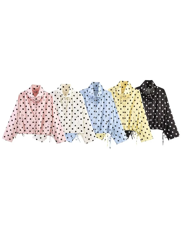 Vintage Polka Dot Cropped-Bluse mit Stehkragen, Krawatte am Hals, Kordelzug am Saum, lange Ärmel, lockere Tasche, lässiges Alltagshemd, 5 Farben – Detail 9