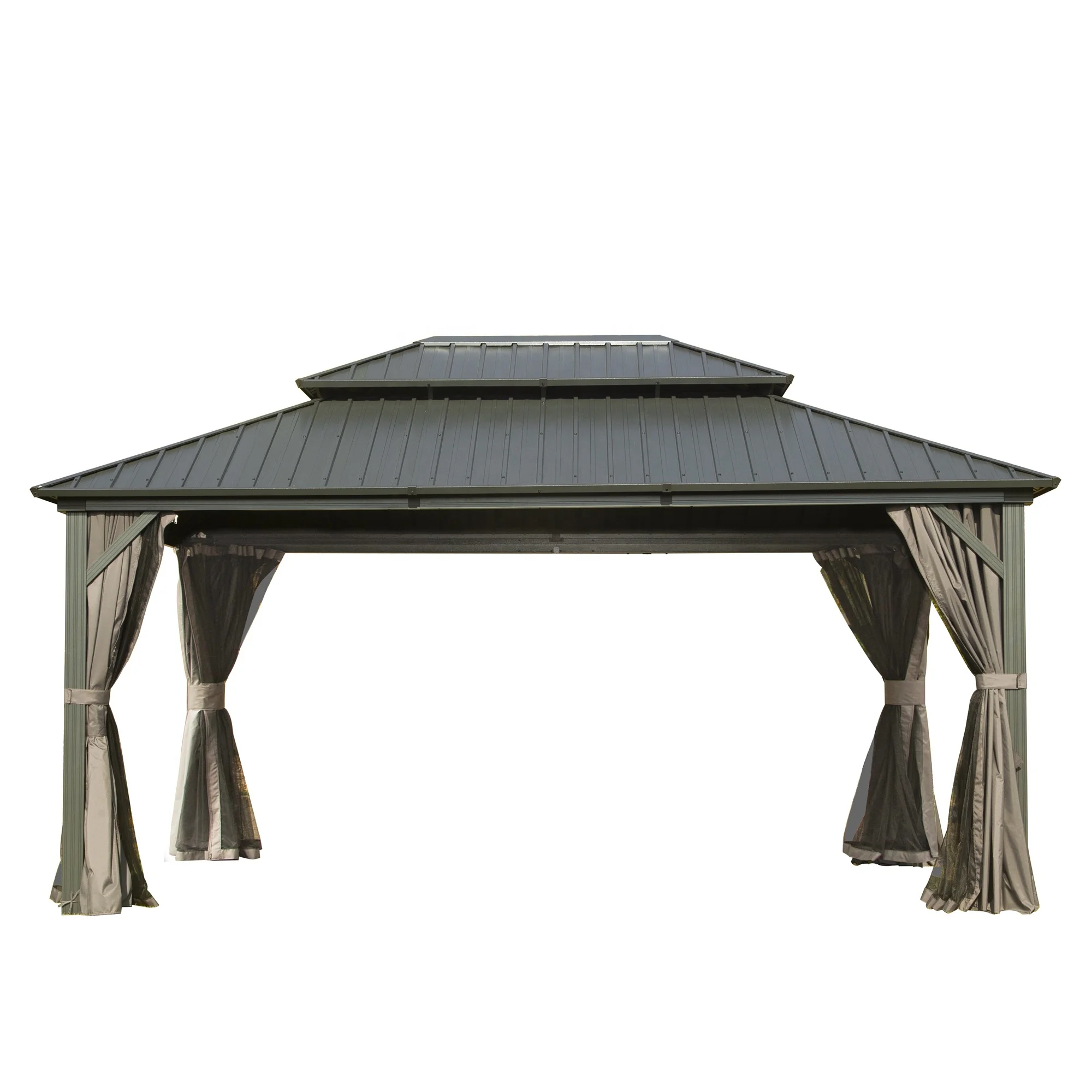 12 X 14 ft Outdoor Aluminum Iron Frame Gazebo 2-Tier Hardtop Garden Tent for Patio Backyard Powder Coated Pergola