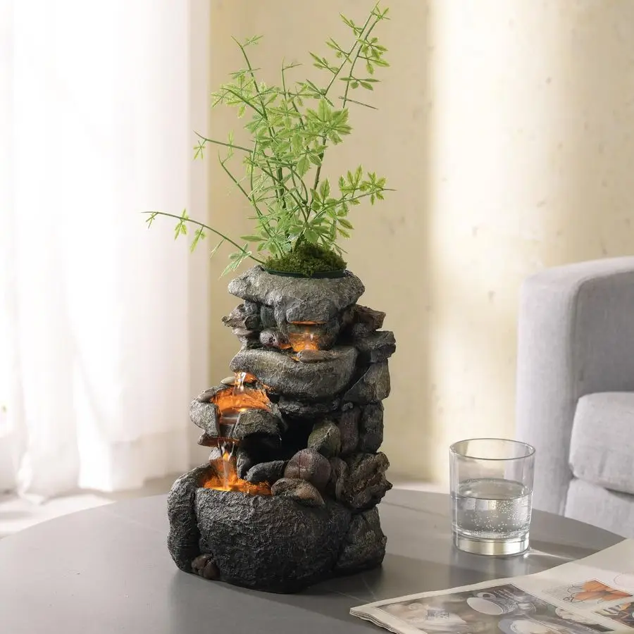 Fuente de agua con iluminación LED para decoración interior y relajación de ambiente Sonido calmante Cascada Relajación Zen interior para apagado