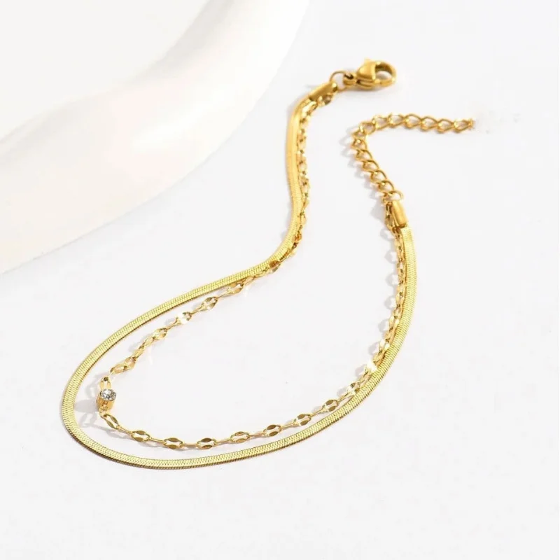 Tobillera de doble cadena para mujer y niña, pulsera Bohemia delicada chapada en oro de 18K, con cristal de circonita, labios y serpiente, cadena de apilamiento