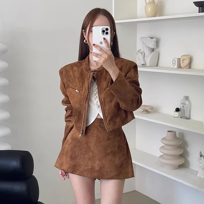 

Chic Autumnal Vintage ort Biker Jaet And A-Line Skirt Two-Piece Set Faionable Long Sve Outerwear for Women