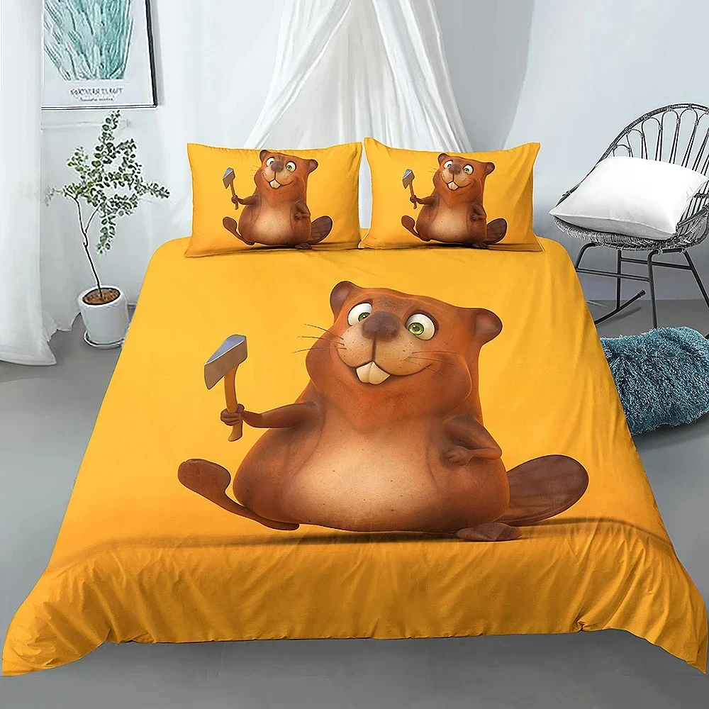 Cartoon Beaver Duvet Cover King Queen Funny Lovely Animal Bedding Set Boys Girls Wildlife Polyester Comforter Cover Pillowcase