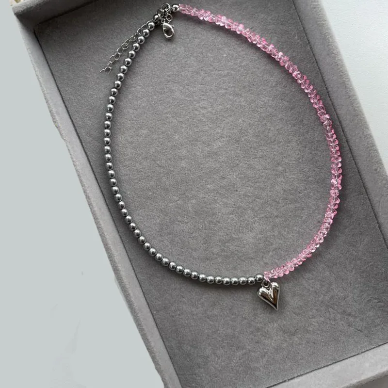 Boho Geometric Transparent Crystal Obsidian Beads Jewelry Fashion Tassel Sexy Heart Pendant Necklace For Women Neelry N0557