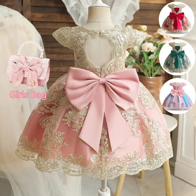 Bordado Elegante Criancas Princesa Vestidos para Meninas Luxo Golden Lace Vintage Criancas Festival Party Gown Bebe Batismo Vestidos AliExpress