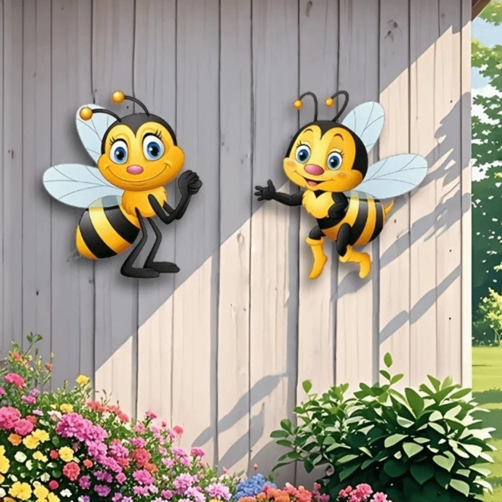 2Pcs 2D Flat Acrylic Cartoon Bee Wall Decor Sun Resistant Rainproof Garden Bee Hanging Plaque Bee Themed Anti-Fade