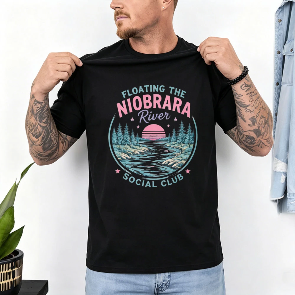 Niobrara River Floating Social Club T Shirt Women Retro Mountain Sunset Circle Print Tee Cotton Loose Outdoor River Trip Tops