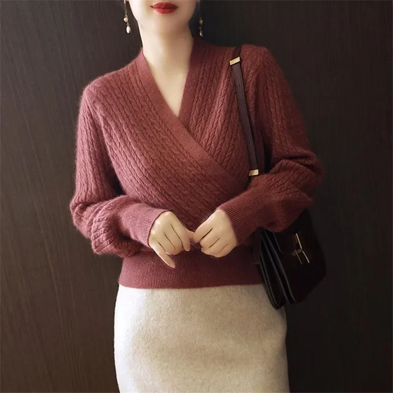 French Style Luxury Twist Knit Pullover Woman Autumn Winter V-neck Cross Thick Women Sweater Casual  Wool Knitwears