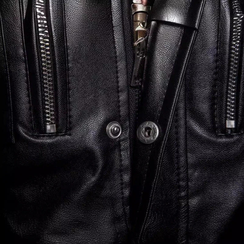 Autumn and winter new solid color medium long men's leather jacket stand collar four pocket motorcycle leather jacket coat jacke