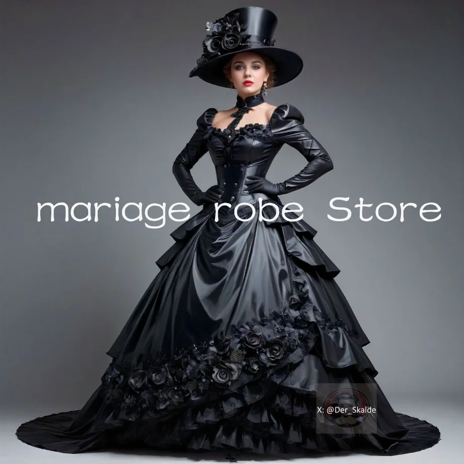 Schwarze gotische viktorianische Ballkleider mit langen Ärmeln, Rüschenrock, Schnürkorsett, Herzogin, Halloween-Abendkleid, maßgeschneidert