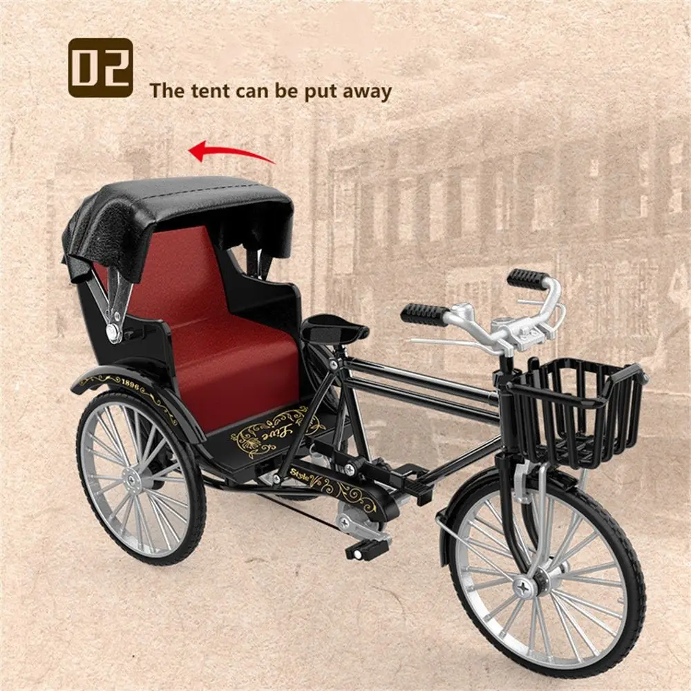 Vintage Classic Tricycle Model Three Wheeled Metal Diecast Simulation Tricycle Handicraft 1:12 Bike Miniature Model