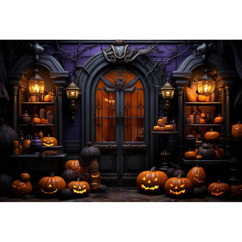 هالوين خلفية التصوير الفوتوغرافي ، ليلة مخيفة ، اكتمال القمر والقلعة القديمة ، خلفية الديكور ، لوازم الحفلات المنزلية ، اليقطين والمنزل