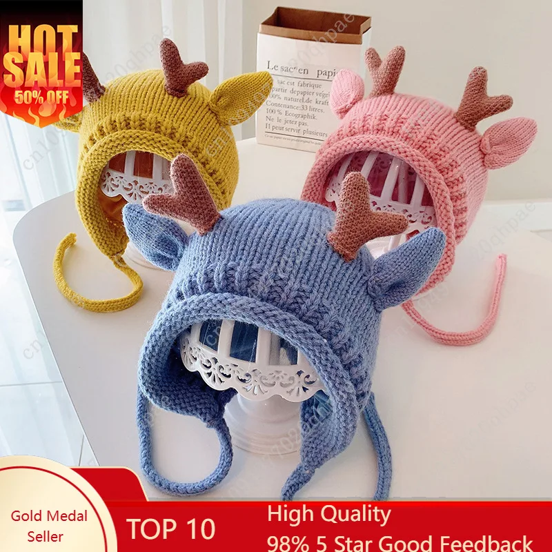 

Cute Elk Antlers Baby Hat Winter Warm Knitted Baby Boy Girl Cap Ear Protection Hats Solid Color Kids Children Cap Beanies bonnet